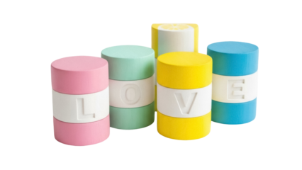 Isolated vibrant stacked wooden cylinders form the word LOVE with pastel shades and clear letters