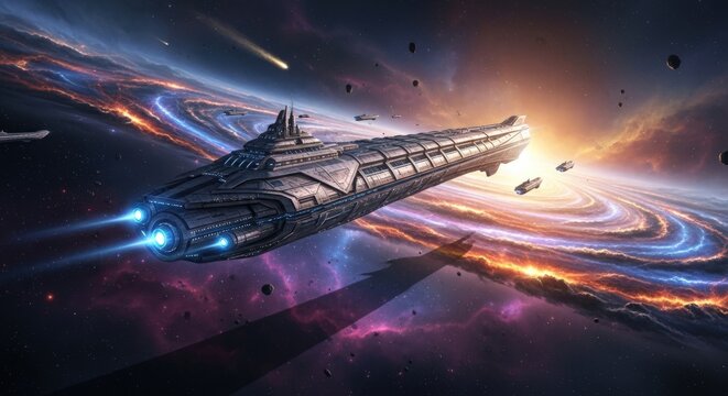 Massive Spaceship Navigates Through a Vibrant Nebula and Asteroid Field.