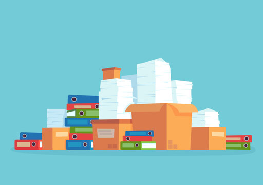 Piles of documents, folders and boxes creating disorganization