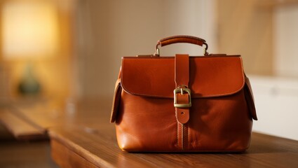 doctor bag on wooden table in warm natural light with classic leather texture and shallow depth