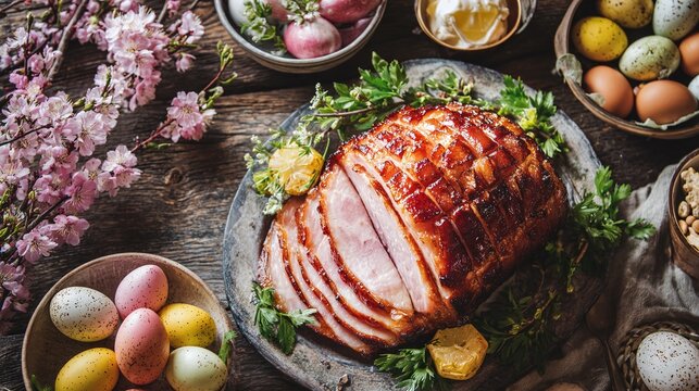 Festive Easter Ham: A centerpiece of our holiday feast.  Delicate blossoms, colorful eggs, and a delicious ham create a memorable celebration for family and friends.