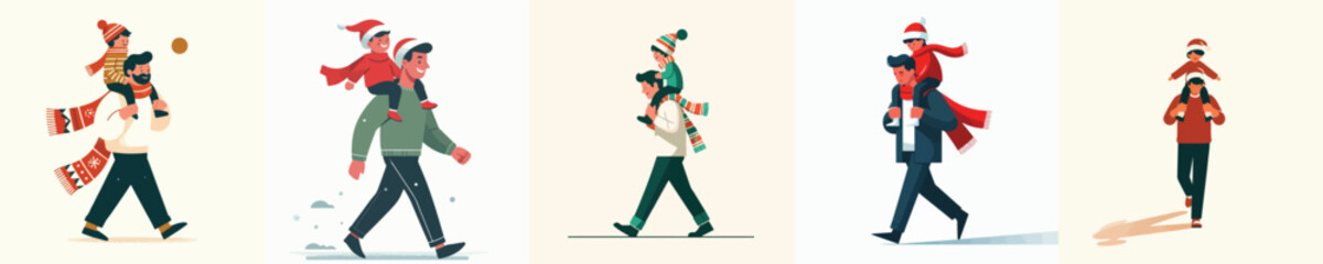 vector of happy father walk carrying his son on his shoulders at Christmas