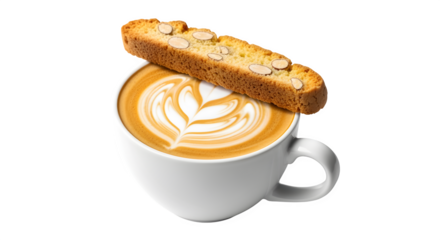Delicious biscotti biscuit rests on a creamy latte with beautiful latte art, a perfect morning treat.