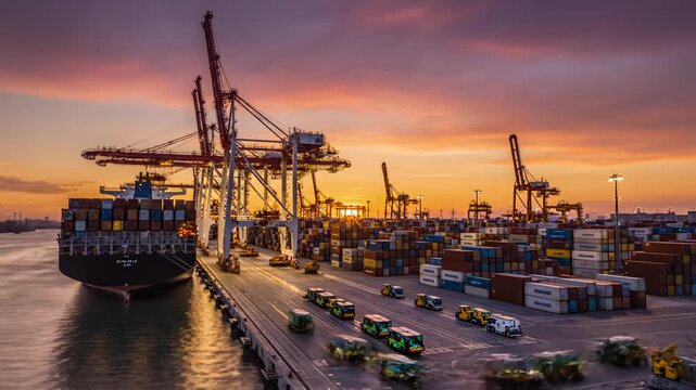 Container ship at port with cranes and containers