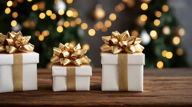 Three Christmas Presents on Wooden Table with Bokeh Background of Christmas Tree Adorned with Lights and Golden Ornaments