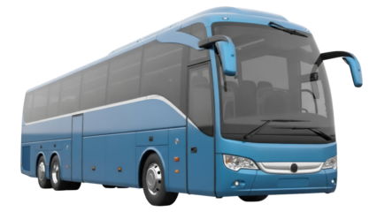 Isolated modern passenger coach bus in blue with large panoramic windows for travel, no back