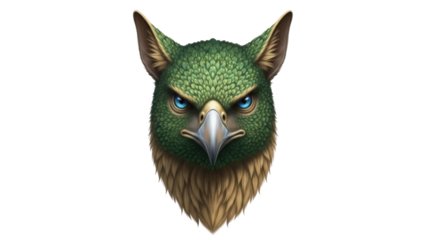 Isolated depiction of an animated griffin head with striking blue eyes and detailed feathers