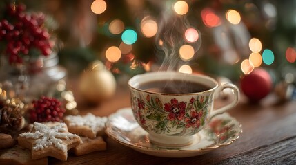 cup of coffee with christmas cookies