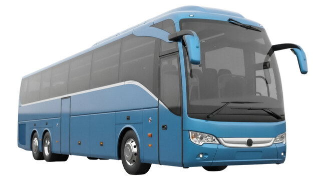 Isolated modern passenger coach bus in blue with large panoramic windows for travel, no back