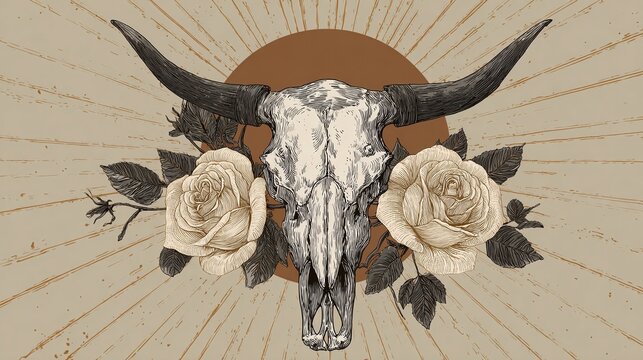 Cow skull with roses artwork. The black and white tones are juxtaposed by the faded earthy background, creating a rustic and artistic design.