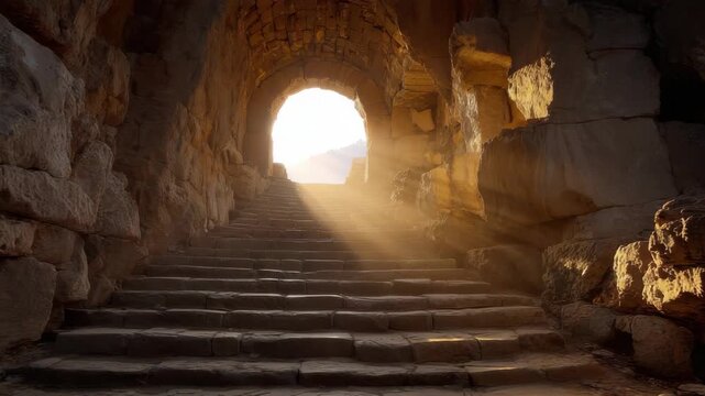 Sunlit Stone Stairway Leading to Arched Opening with Warm Light Rays and Detailed Texture Under a Clear Sky on a Bright Day with Stone Walls and Steps