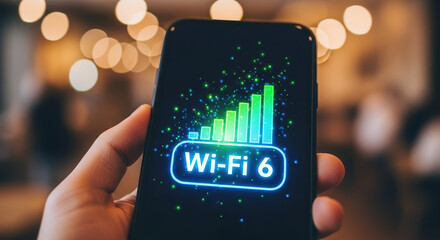 Displaying wifi 7 on mobile phone screen with powerful signal strength, new technology shown. Wifi 7 connectivity indicates fast internet connection and high data transfer rates.
