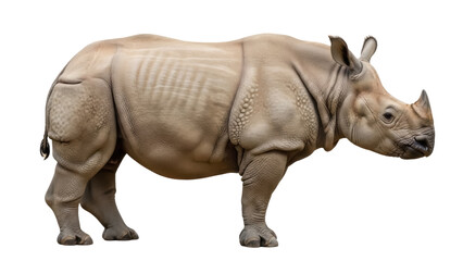 Fototapeta premium Isolated rhinoceros standing alert, animal in full side view with horn, endangered species