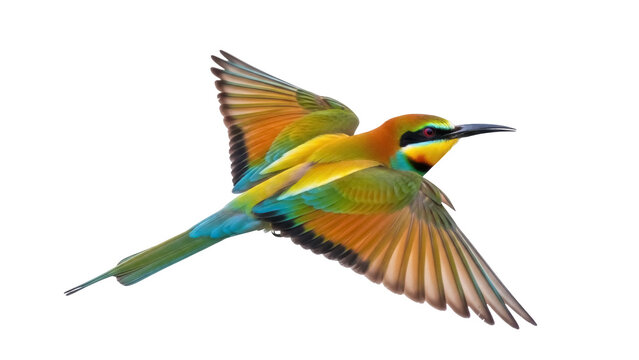 Isolated rainbow bee-eater with outstretched wings in flight over a neutral backdrop, tropical bird