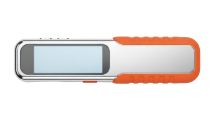 Isolated handheld meter with LCD screen and orange rubber case, close-up equipment view