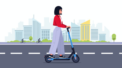 Young woman commuting on an electric scooter through a modern city. Flat illustration showcasing sustainable urban transport and a contemporary active lifestyle