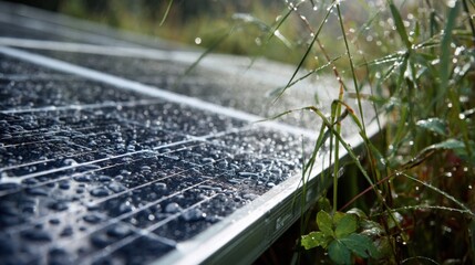 Wet solar panel surface with grass and water drops
