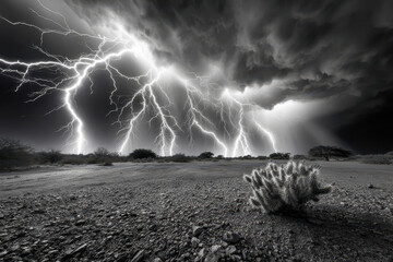Dramatic lightning storm over a desert landscape in monochrome