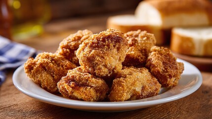 Indulge in crispy fried chicken bites, served hot on a white plate, on a rustic wooden table. A perfect comfort food to be shared with family and friends.