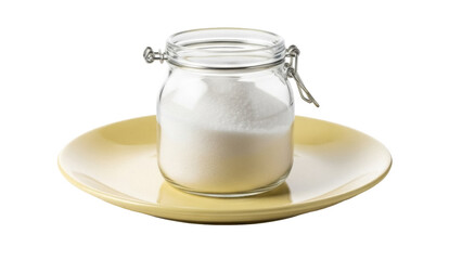 Isolated Jar of Sugar on Plate ready for baking or sweetening beverages on table
