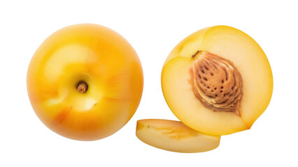 Isolated Fresh Yellow Peach Arrangement, One Whole, One Halved With Stone, Slice On The Side