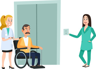 Nurses assisting senior patient in wheelchair accessing elevator