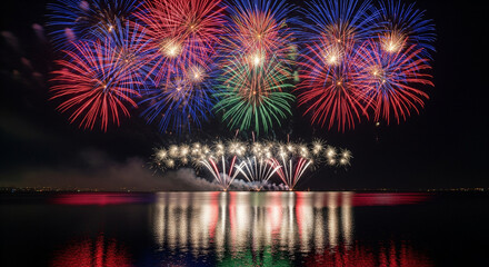Fototapeta premium Colorful New Year Fireworks Reflected On Calm Ocean Night