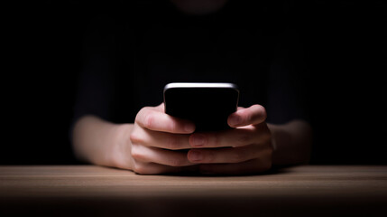 Online health advice concept with person holding smartphone in dark room focused on screen light