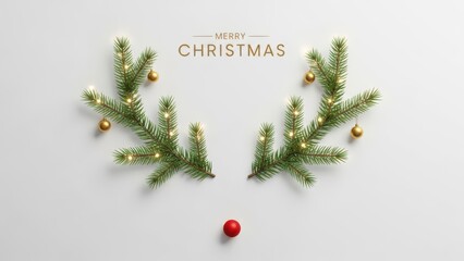3D Christmas composition featuring two pine branches arranged to resemble reindeer antlers