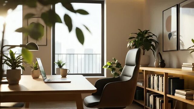 Modern home office interior with a desk laptop plants and city view through window