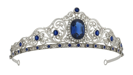 Isolated silver sapphire tiara with ornate swirls, for elegant evening wear in royalty © Johanna