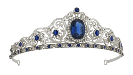 Isolated silver sapphire tiara with ornate swirls, for elegant evening wear in royalty