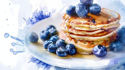 National Blueberry Pancake Day:Watercolor illustration of blueberry pancakes breakfast scene, soft pastel colors, delicate brush strokes, artistic hand-painted look