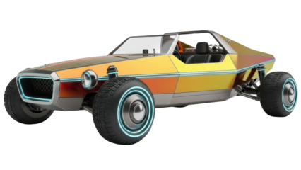 Isolated, futuristic yellow buggy off-road vehicle with neon trim, concept car design