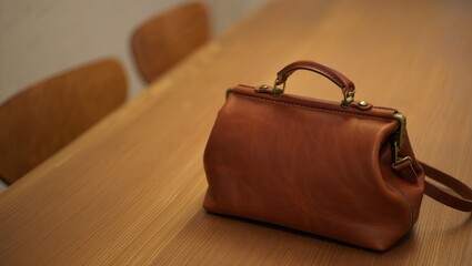 doctor bag on wooden table in warm natural light with classic leather texture and shallow depth