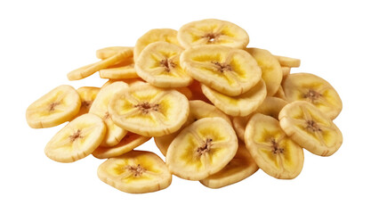 Isolated pile of banana chips snack; healthy dried fruit slices arranged to promote nourishment