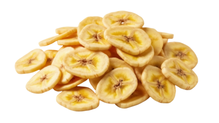 Isolated pile of banana chips snack; healthy dried fruit slices arranged to promote nourishment