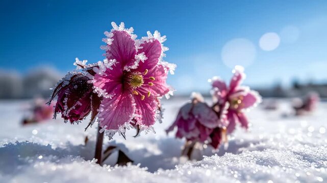 Close up of pink hellebore flowers covered in delicate frost in bright sunlight and snow