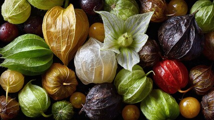 An artful display of physalis fruits in diverse hues, creating a captivating still life that celebrates nature's bounty and textural intricacies. Captivating!