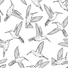 Obraz premium Intricate black and white hummingbird drawing with detailed feathers and wings. Seamless pattern