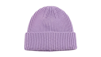 Isolated light purple knit beanie hat, warm knitted headwear for cold weather, soft and cozy