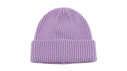 Isolated light purple knit beanie hat, warm knitted headwear for cold weather, soft and cozy