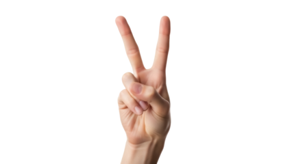 Isolated human hand gesture makes a peace sign, shows two fingers up with no background
