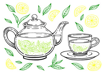Tea set with glass teapot and cup, lemon slices, tea leaves. Hand drawn vector illustration