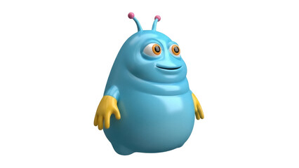 Isolated adorable blue blob alien character with yellow hands and antennae on a neutral surface