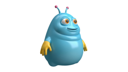 Isolated adorable blue blob alien character with yellow hands and antennae on a neutral surface