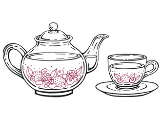 Tea set with healthy green tea, berries. Teapot and cup. Hand drawn vector illustration in outline style.
