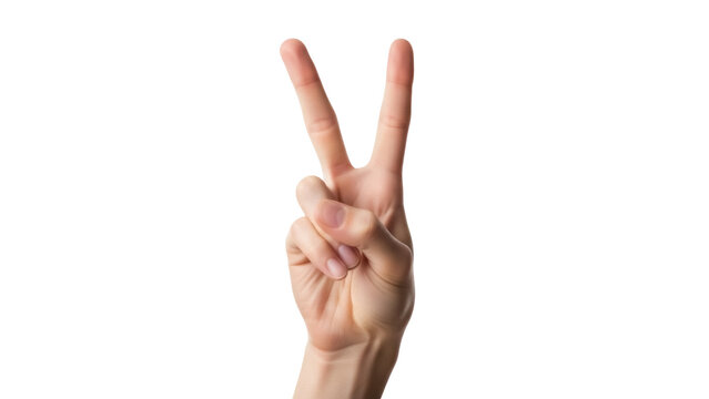 Isolated human hand gesture makes a peace sign, shows two fingers up with no background