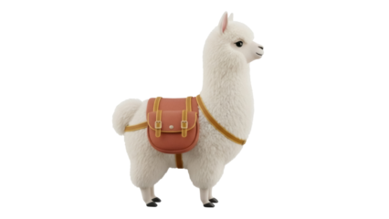 Isolated cute llama with saddlebag, soft woolen toy. Fluffy camelid animal figurine, plush alpaca