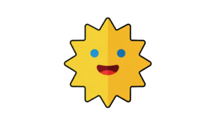 Isolated happy sun face, yellow starburst character with blue eyes and smiling red mouth
